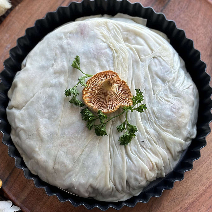 Vegan Cheesy Wild Mushroom Lentil Filo Pie