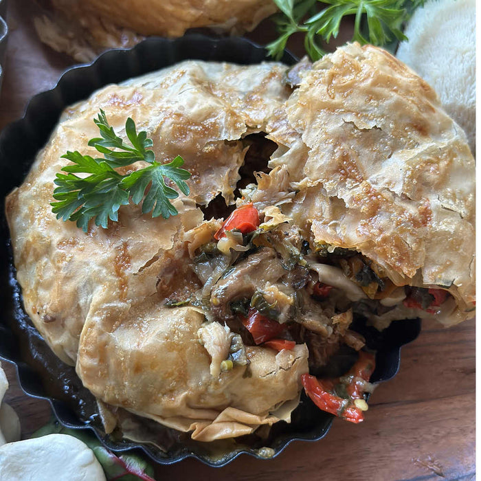 Vegan Cheesy Wild Mushroom Lentil Filo Pie