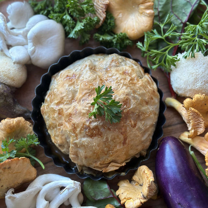 Vegan Cheesy Wild Mushroom Lentil Filo Pie